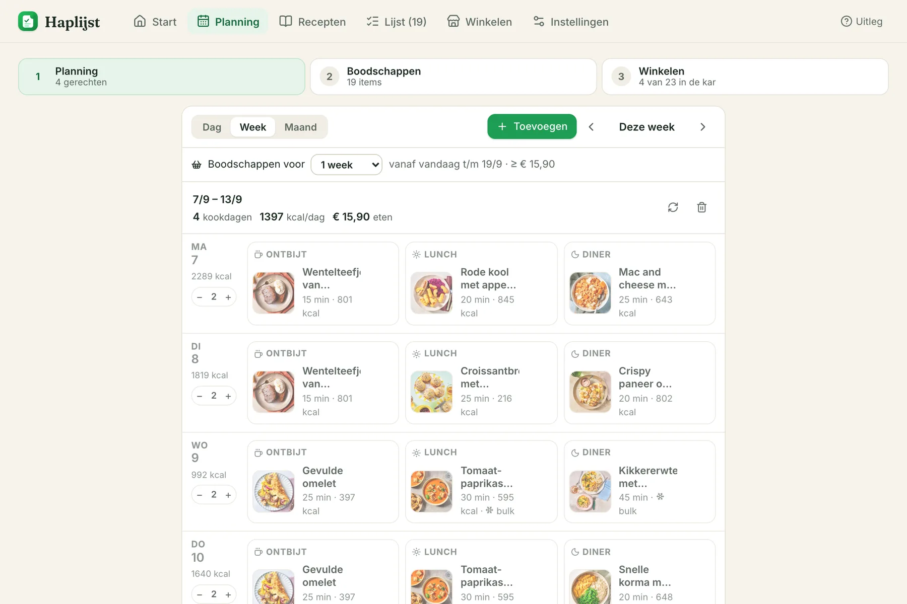 De weekplanning in Haplijst met ontbijt, lunch en diner per dag